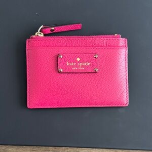 kate spade Hot Pink Leather Zip Card Case with Gold Plaque